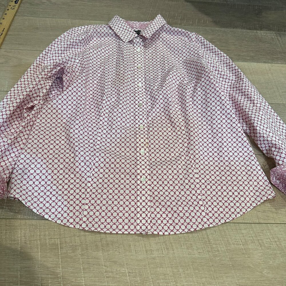 TALBOTS WOMENS WRINKLE RESISTANT FUSHIA PINK WHITE LONG SLEEVE BUTTON SHIRT 14 - Picture 2 of 8